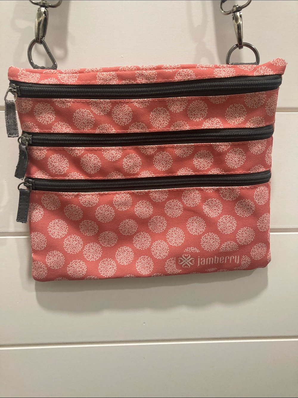 Jamberry Coral Circle Pattern Multi Zipper Crossbody Boho Bag GUC Retired